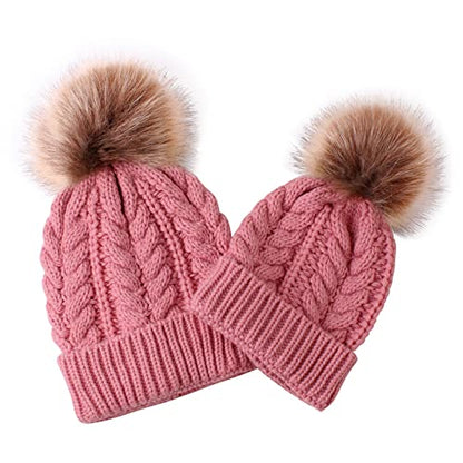 2PCS Parent-Child Knit Hat Family Matching Winter Warmer Hat Mother & Baby Crochet Beanie Ski Cap with Pom - color: Pink