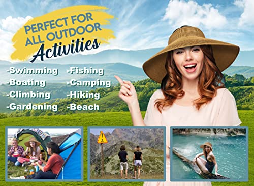Straw Sun Visor for Women, Wide Brim UPF 50+ Protection Beach Hat, Adjustable, Roll Up Foldable Ponytail Cap with Chin Strap - color: Khaki