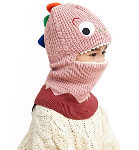 Kids Boys Girls Dinosaur Winter Knit Hat Baby Toddler Thick Scarf Earflap Hood Scarves Skull Caps - color: Pink(2-7years Old)