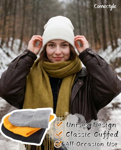Connectyle Men's Cuffed Beanie Hat Double Layer Knit Winter Watch Cap - color: Beige