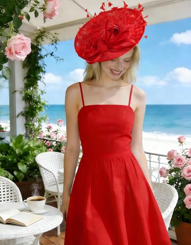 Unpifolov Fascinators Hats Elegant Women Flower Mesh Feathers Wedding Cocktail Bride Headband for Derby Hat Tea Party - color: Red