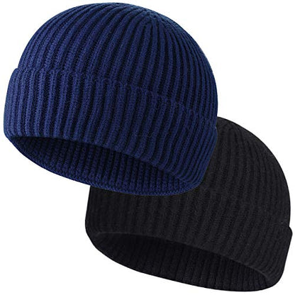 ROYBENS Wool Fisherman Beanies for Men Knit Short Watch Cap Winter Warm Hat - color: 2pcs Black+ Navy Blue