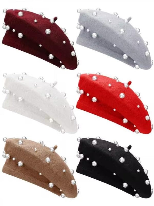 Vabean 6 Pcs Pearl Beaded Wool Beret French Beret Women - color: Chic Colo