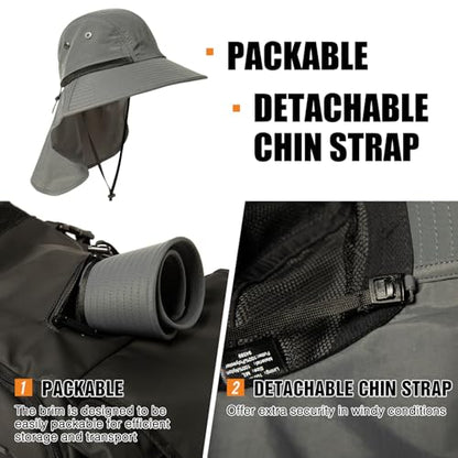 TOP-EX Oversized UPF50+ Sun Hat for Big Heads with Neck Flap & Wide Brim - color: Dark Grey, size: Large-X-Large