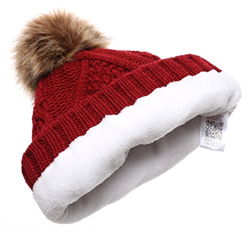 Women's Winter Fleece Lined Cable Knitted Pom Pom Beanie Hat - color: Red