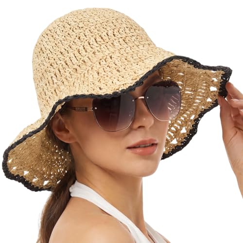 Eurzom Wide Brim Straw Bucket Hats for Women Summer Beach Sun Hat Foldable Packable Outdoor Travel Fedora Hat UV Protection - color: Beige