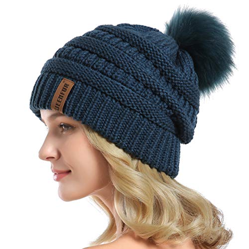 Women Knit Slouchy Beanie Chunky Baggy Hat with Faux Fur Pompom Winter Soft Warm Ski Cap - color: D9-dark Teal