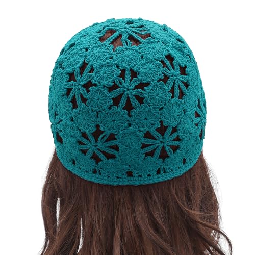 ZLYC Women Summer Slouchy Crochet Hat Handmade Cutout Skull Cap with Visor - color: Plain Peacock Blue, size: One Size