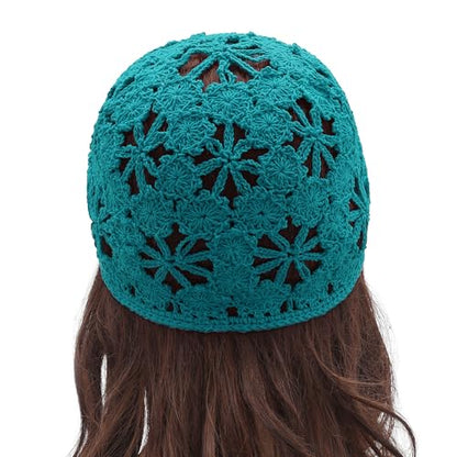 ZLYC Women Summer Slouchy Crochet Hat Handmade Cutout Skull Cap with Visor - color: Plain Peacock Blue, size: One Size