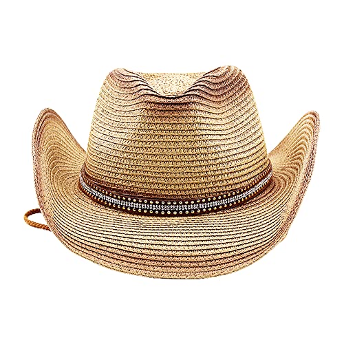Cowboy Straw Hat Men Women Wide Brim Fedora Panama Bucket Hat UV Protection Vacation Cap Foldable Beach Western Cap - color: Beige-red