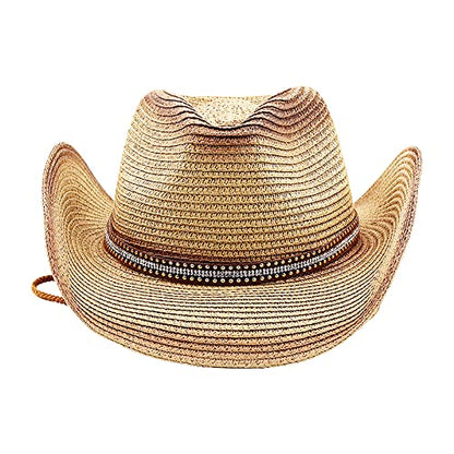 Cowboy Straw Hat Men Women Wide Brim Fedora Panama Bucket Hat UV Protection Vacation Cap Foldable Beach Western Cap - color: Beige-red