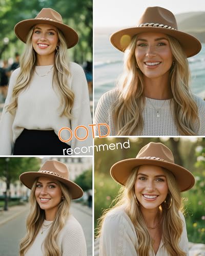 Men & Women Wide Brim Fedora Hat with Chain Buckle - color: Chain Belt-khaki
