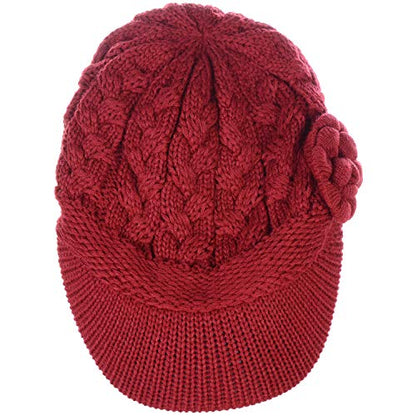 BYOS Womens Winter Chic Cable Warm Fleece Lined Crochet Knit Hat W/Visor Newsboy Cabbie Cap - color: Cable W/ Flower Red