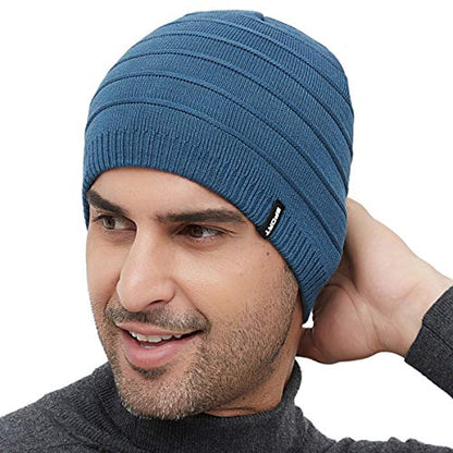 Mens Winter Beanie Hat Warm Knit Cuffed Plain Toboggan Ski Skull Cap (3 Patterns) - color: C4-blue