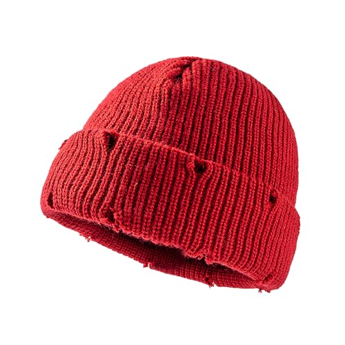 Unisex Warm Knit Skull Cap Hip-hop Slouchy Ripped Knitted Hat - color: Burgundy