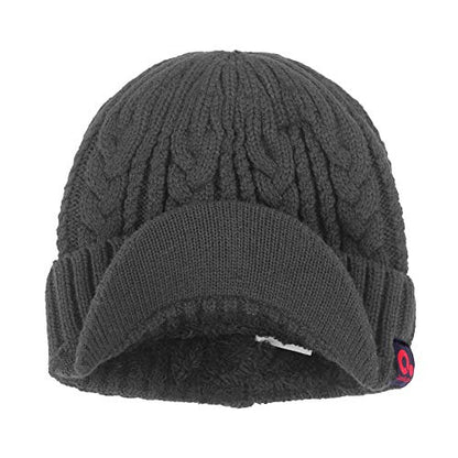 Winter Visor Beanie Brimmed Baseball Cap Fleece Lined Cable Knitted Billed Hat - color: Grey