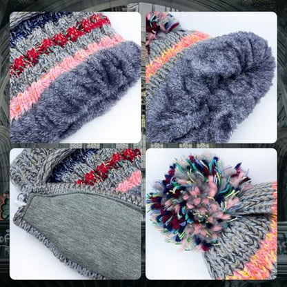 Ypser Women's Winter Warm Knitted Crochet Hat Fleece Lined Cable Faux Fur Pom Pom Beanie Hat Skull Cap - color: Grey 3 Pcs Set (Hat & Scarf & Face Mask)