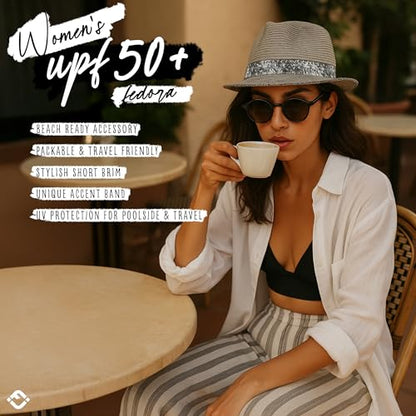 Funky Junque Short Brim Fedora Packable Sun Hat for Women - color: Light Grey