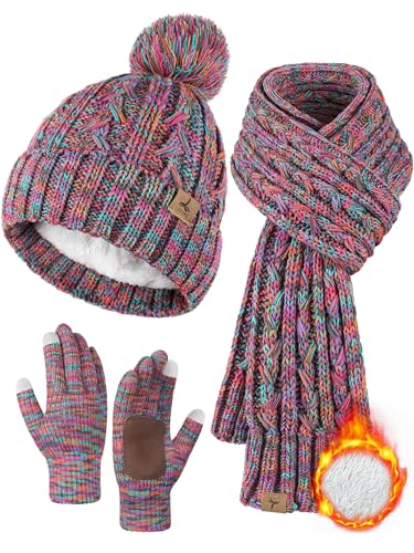 Winter Hat Scarf Gloves Set, Fleece Lined Cable Knit Pompom Hat Women Gift - color: Black Multi
