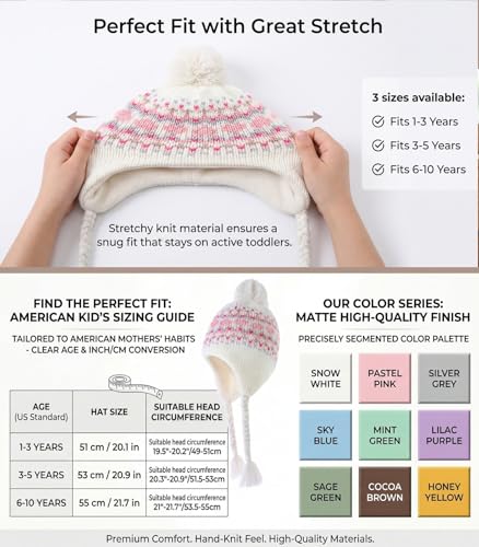 Moon Kitty Girls Knit Hats Winter Fleece Lining Skiing Winter Caps with Warm Ear Flap - color: Beige, size: 6-10 Years