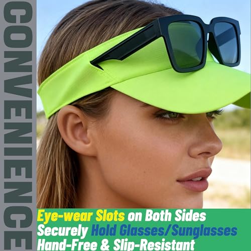 Sports Sun Visor with Eyewear Slots, Adjustable Athletic Visor for Running, Golf, Tennis, Fishing. - color: Fluorescent Yellow