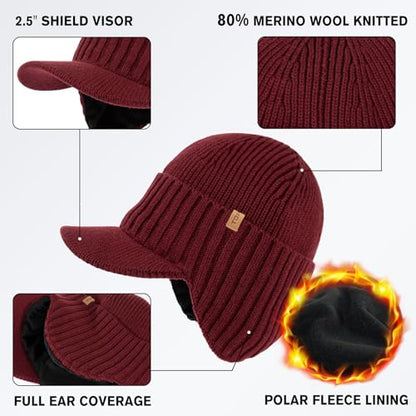 TOP-EX DryKnit™ 80% Merino Wool Waterproof Warm Brim Beanie with Ear Flaps - color: Red, size: Medium
