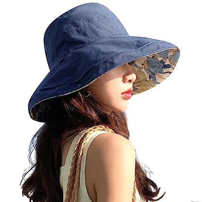 HUAMULAN Wide Brim Women Summer Sun Floppy Hat Reversible Beach Bucket Hat - color: M1744-navy