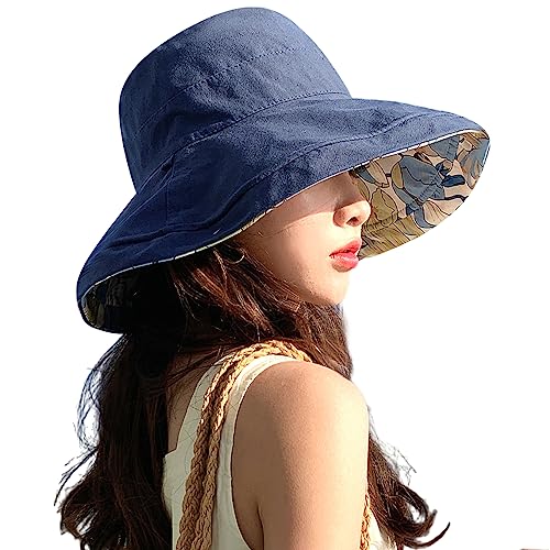 HUAMULAN Wide Brim Women Summer Sun Floppy Hat Reversible Beach Bucket Hat - color: M1744-navy