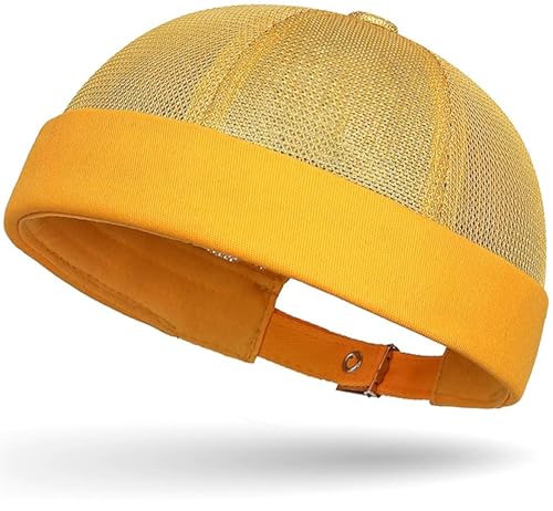 Mens Mesh Brimless Cap with No Brim, Summer Docker Cap Beanie Hat Flip Sailor Skullcap Breathable - color: Yellow
