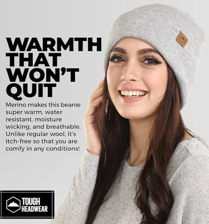 Tough Headwear Merino Wool Beanie - Moisture Wicking Winter Hats for Women - Stretchy Mens Beanie - Breathable Wool Hat - color: Basic - Light Gray