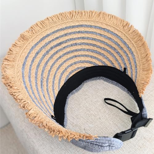 Straw Sun Visor Summer UV Protection Packable Wide Brim Beach Hat Ponytail Women - color: A-black