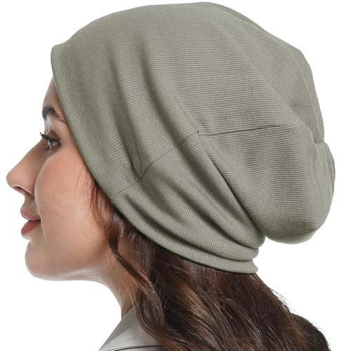 Slouchy Beanie for Women Men Thin Knit Winter Hat 93% Cotton Beanies - color: Grayish Green