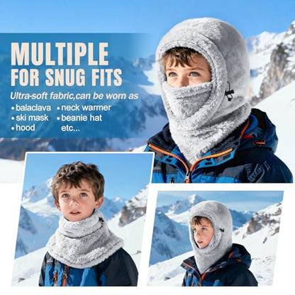 Ski Mask Kids Balaclava, Winter Ski Face Mask Cover, Fleece Hats for Kids - color: Grey