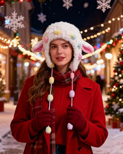 MINGSEECESS Women Girls Knitted Beanie Hat Crochet Braided Knit Warmer Cap Skiing Snowboarding Ear Flap Hats - color: Novelty-white