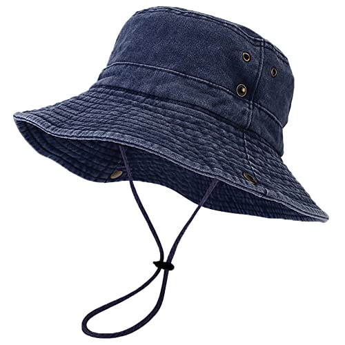 Unisex Cotton Boonie Hat Summer Fishing Bucket Hat Sun Hat with String - color: Retro Dark Blue