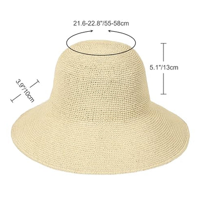 Womens Sun Hat Handmade Foldable Straw Bucket Hat Summer Crochet Travel Cap - color: Beige, size: Medium