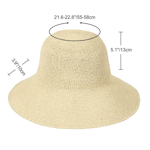 Womens Sun Hat Handmade Foldable Straw Bucket Hat Summer Crochet Travel Cap - color: Beige, size: Small