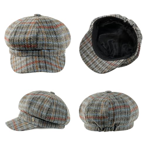 VOBOOM 8 Panel Wool Tweed Newsboy Gatsby Ivy Cap Golf Cabbie Driving Hat - color: Plaid Green