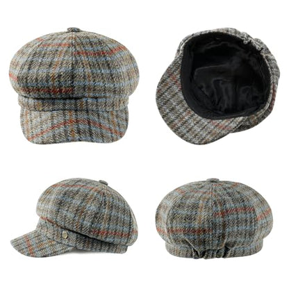 VOBOOM 8 Panel Wool Tweed Newsboy Gatsby Ivy Cap Golf Cabbie Driving Hat - color: Plaid Green