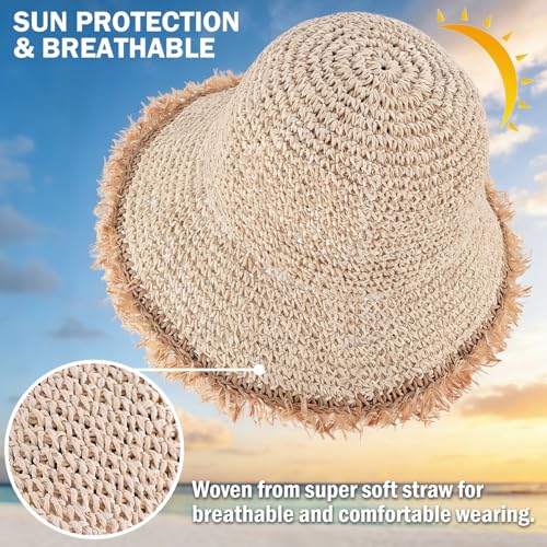Women's Straw Bucket Sun Hat, Packable Floppy Wide Brim Beach Hat - color: Beige