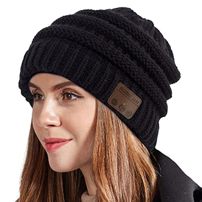 Wireless Music Beanie Hat for Men Women Unisex Winter Warm Soft Knit Cap Beanie with Wireless Headphone Headset Stereo HD Speaker Mic Boys Girls Tech hat - color: Black-02