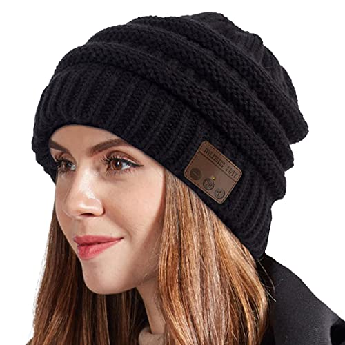 Wireless Music Beanie Hat for Men Women Unisex Winter Warm Soft Knit Cap Beanie with Wireless Headphone Headset Stereo HD Speaker Mic Boys Girls Tech hat - color: Black-02