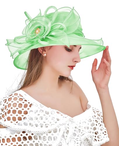 Z&X Organza Church Fascinator Wedding Tea Party Derby Hats for Women Flower Wide Brim Sun Hats - color: 022 Mint Green