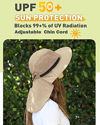 Tirrinia Wide Brim Sun Hat with Neck Flap for Men & Women - color: # Khaki