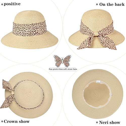 Womens Straw Sun Hat Summer Beach Wide Brim UV Protection Hats with Chin Strap Floppy Foldable Cute Bowknot UPF 50 Cap - color: Leopard Beige