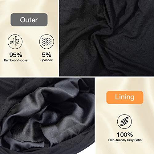 Silk Satin Lined Bonnet Sleep Cap - Adjustable Stay on All Night Hair Wrap Cover Slouchy Beanie for Curly Hair Protection for Women and Men - Black & Dark Grey - color: Black & Dark Grey, size: One Size