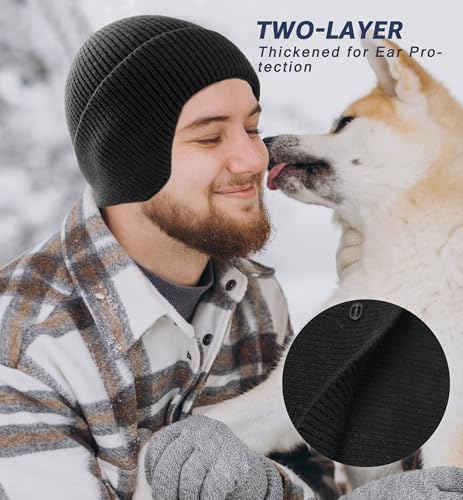HiRui Knit Beanie Hats Winter Hats Ear Covers for Men Women-Warm Daily Headwear - color: Black