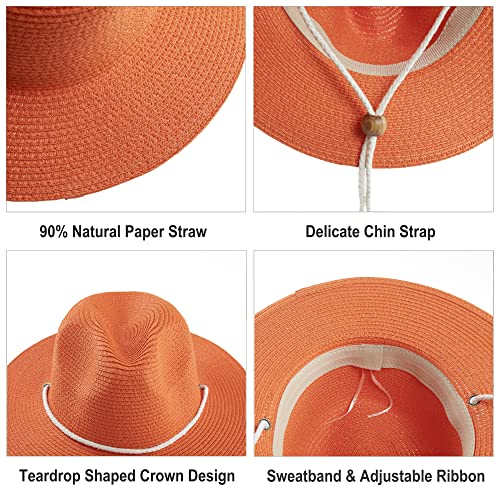 Women Straw Fedora Hat Summer Panama Beach Sun Hats UV UPF50+ Cap - color: Orange