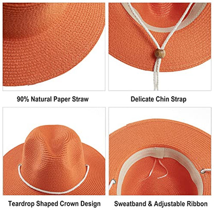 Women Straw Fedora Hat Summer Panama Beach Sun Hats UV UPF50+ Cap - color: Orange