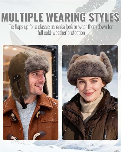 Croogo Eskimo Hat Russian Ushanka Cossack Trooper Hat Leather Trapper Aviator Hats Fur Lined Earflap Winter Cap Snow Ski Hats - color: Pl2508-brown
